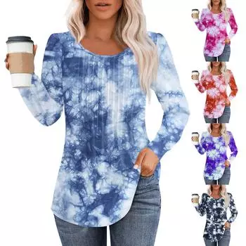 Рубашки с длинным рукавом для женщин, топы, нарядные повседневные блузки, плиссированные топы-туники с круглым вырезом XXXL синий