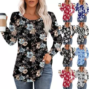 Рубашки с длинным рукавом для женщин, топы, нарядные повседневные блузки, плиссированные топы-туники с круглым вырезом S чёрный