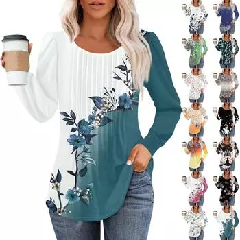 Рубашки с длинным рукавом для женщин, топы, нарядные повседневные блузки, плиссированные топы-туники с круглым вырезом XXL
