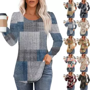 Рубашки с длинным рукавом для женщин, топы, нарядные повседневные блузки, плиссированные топы-туники с круглым вырезом XL синий