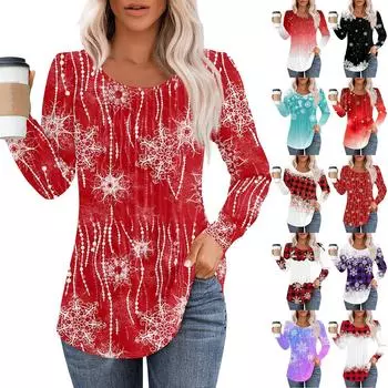 Рубашки с длинным рукавом для женщин, топы, нарядные повседневные блузки с рождественским принтом, плиссированные туники с круглым вырезом L красный