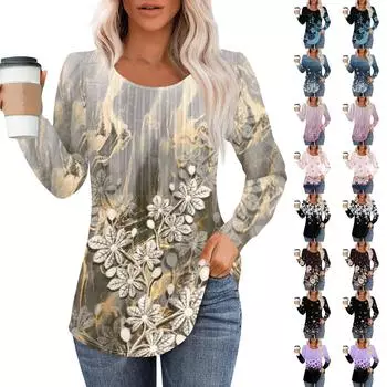 Рубашки с длинным рукавом для женщин, топы, нарядные повседневные блузки, плиссированные топы-туники с круглым вырезом XL синий