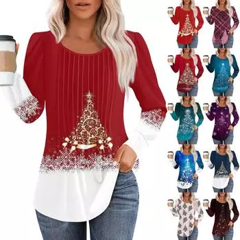 Рубашки с длинным рукавом для женщин, топы, нарядные повседневные блузки с рождественским принтом, плиссированные туники с круглым вырезом S синий