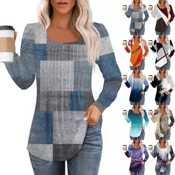 Рубашки с длинным рукавом для женщин, топы, нарядные повседневные блузки, плиссированные туники с квадратным вырезом XL чёрный