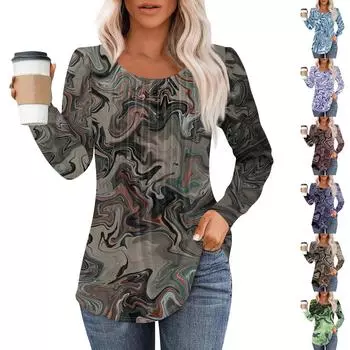 Рубашки с длинным рукавом для женщин, топы, нарядные повседневные блузки, плиссированные топы-туники с круглым вырезом L синий