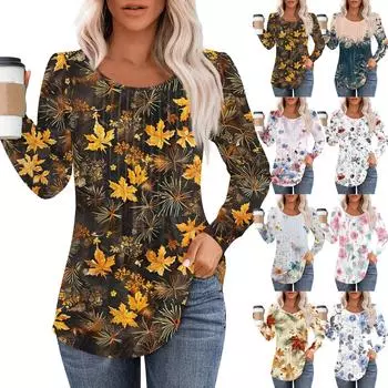 Рубашки с длинным рукавом для женщин, топы, нарядные повседневные блузки, плиссированные топы-туники с круглым вырезом XXL