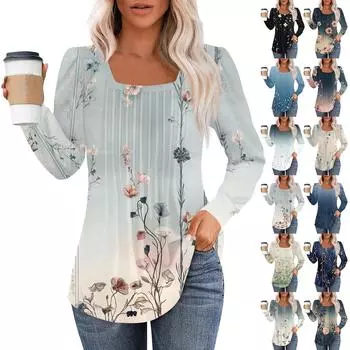 Рубашки с длинным рукавом для женщин, топы, нарядные повседневные блузки, плиссированные туники с квадратным вырезом M хаки