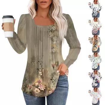 Рубашки с длинным рукавом для женщин, топы, нарядные повседневные блузки, плиссированные туники с квадратным вырезом L синий