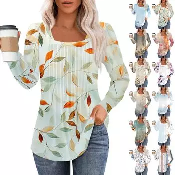 Рубашки с длинным рукавом для женщин, топы, нарядные повседневные блузки, плиссированные туники с квадратным вырезом L синий