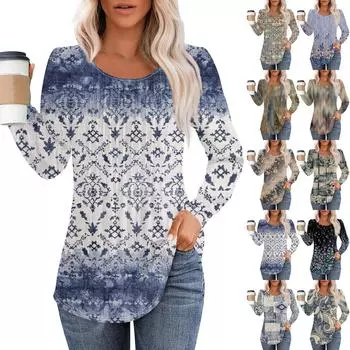 Рубашки с длинным рукавом для женщин, топы, нарядные повседневные блузки, плиссированные топы-туники с круглым вырезом XL синий