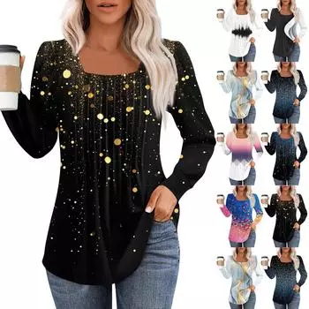 Рубашки с длинным рукавом для женщин, топы, нарядные повседневные блузки, плиссированные туники с квадратным вырезом L