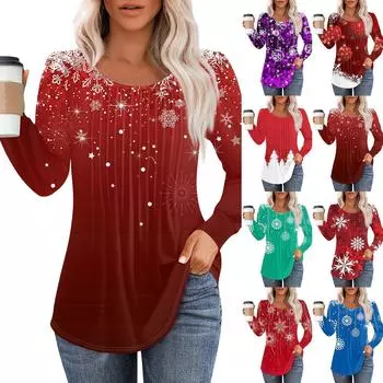 Рубашки с длинным рукавом для женщин, топы, нарядные повседневные блузки, плиссированные топы-туники с круглым вырезом XXL винный