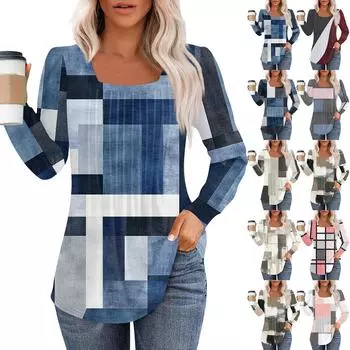 Рубашки с длинным рукавом для женщин, топы, нарядные повседневные блузки, плиссированные туники с квадратным вырезом XL синий