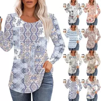 Рубашки с длинным рукавом для женщин, топы, нарядные повседневные блузки, плиссированные топы-туники с круглым вырезом L синий