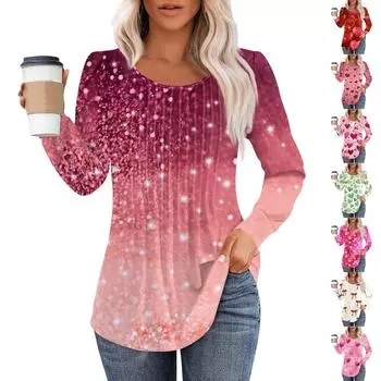 Рубашки с длинным рукавом для женщин, топы, нарядные повседневные блузки, плиссированные топы-туники с круглым вырезом L зелёный