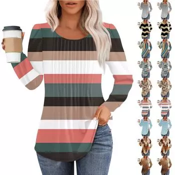 Рубашки с длинным рукавом для женщин, топы, нарядные повседневные блузки, плиссированные топы-туники с круглым вырезом L синий