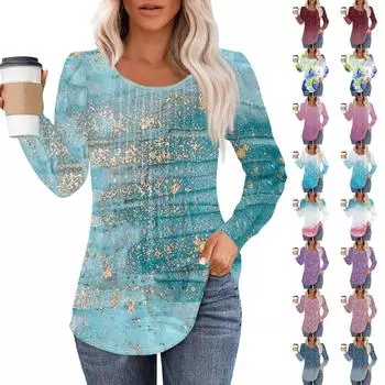Рубашки с длинным рукавом для женщин, топы, нарядные повседневные блузки, плиссированные топы-туники с круглым вырезом L синий