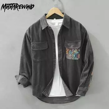 Рубашки с длинным рукавом в японском стиле в стиле ретро для мужчин, свободная вельветовая рубашка на осень и зиму, повседневные рубашки из чистого хлопка с двойными карманами и принтом M белый