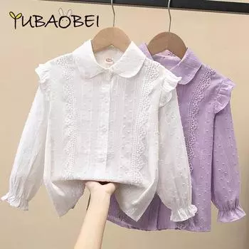 Рубашки с длинными рукавами для девочек, весна-осень 2024, детская одежда, топы из 100% хлопка, детская повседневная кружевная футболка 110 белый