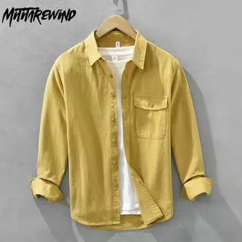Рубашки с длинным рукавом в японском стиле для мужчин, повседневные, из чистого хлопка, мужские топы, отложной воротник, карман, желтая рубашка, мужская одежда на весну и лето M жёлтый