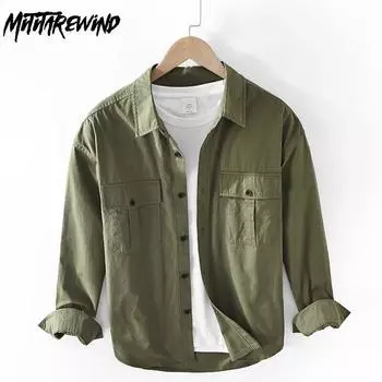 Рубашки с длинными рукавами в японском стиле, весна-лето, мужские повседневные рубашки из чистого хлопка с квадратным воротником, свободная рубашка, новая модная мужская одежда M зелёный