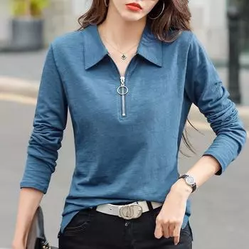 Рубашки с длинными рукавами, женские хлопковые рубашки в корейском стиле, тонкая женская одежда, осенние топы на молнии, женская футболка Femme XXXL фиолетовый