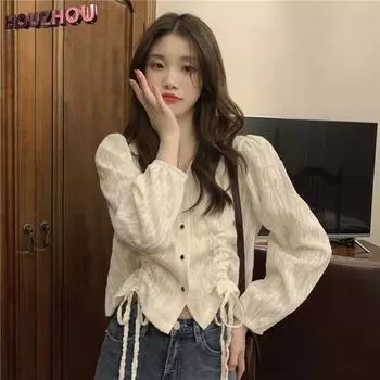 Рубашки с французскими кружевами на шнуровке, весенне-осенние новые нишевые модели, укороченные шикарные топы с v-образным вырезом, элегантные милые уличные рубашки для свиданий S бежевый