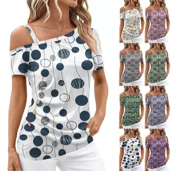 Рубашки с коротким рукавом для женщин, футболка с открытыми плечами и принтом, летние повседневные базовые топы, пуловер L синий