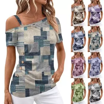 Рубашки с коротким рукавом для женщин, футболка с открытыми плечами и принтом, летние повседневные базовые топы, пуловер L циан