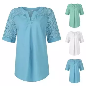 Рубашки с коротким рукавом для женщин, кружевные лоскутные футболки, блузки, повседневные базовые топы, пуловеры L синий
