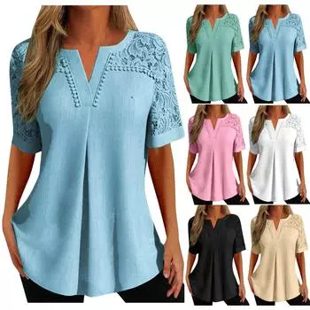 Рубашки с коротким рукавом для женщин, кружевные лоскутные футболки, блузки, повседневные базовые топы, пуловеры L зелёный