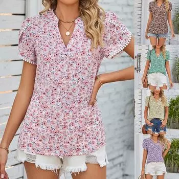 Рубашки с коротким рукавом для женщин, нарядные повседневные блузки больших размеров, летние топы с v-образным вырезом и складными манжетами XL