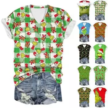 Рубашки с коротким рукавом для женщин с рождественским принтом, графические футболки, блузки, повседневные базовые топы, пуловеры L армия зеленый