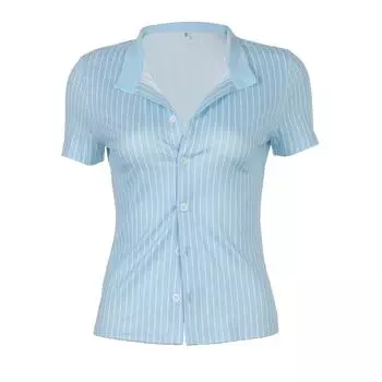 Рубашки с коротким рукавом в синюю полоску для женщин с застежкой на пуговицы и отложным воротником, простые повседневные топы в стиле преппи, базовые летние футболки S синий