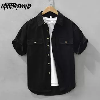 Рубашки с коротким рукавом в уличном стиле для мужчин, летняя мода, повседневная рабочая одежда, мужские топы из чистого хлопка, черная рубашка с двойными карманами, молодежная свободная рубашка M зелёный