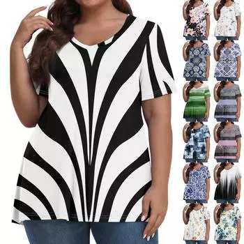 Рубашки с короткими рукавами для женщин, футболки с рисунком и пуговицами, блузки с v-образным вырезом, повседневные базовые топы больших размеров, пуловеры L чёрный