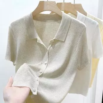 Рубашки с короткими рукавами женские S-3XL для отдыха, летние, базовые, однотонные, элегантные, уличные, универсальные, простые, повседневные, популярные топы в стиле Харадзюку Y2k S бежевый