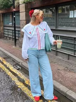 Рубашки с кукольным воротником и вышивкой, женские милые блузки с длинными рукавами-фонариками на пуговицах, весенне-летние женские укороченные топы M