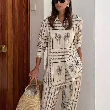 Рубашки с принтом, комплект из двух предметов, женские рубашки с длинными рукавами и лацканами, высокая талия, широкие брюки, костюм для женщин, домашняя одежда, одежда S бежевый