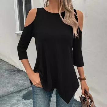 Рубашки с рукавами 3/4 для женщин, однотонная футболка с нерегулярным подолом и открытыми плечами на весну/лето, повседневные базовые топы, пуловер L чёрный