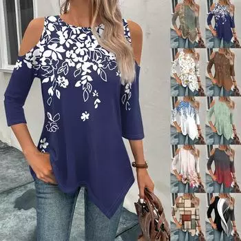 Рубашки с рукавами 3/4 для женщин, футболка с нерегулярным подолом и открытыми плечами с принтом на весну/лето, повседневные базовые топы, пуловер L чёрный