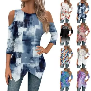 Рубашки с рукавами 3/4 для женщин, футболка с нерегулярным подолом и открытыми плечами с принтом на весну/лето, повседневные базовые топы, пуловер L чёрный