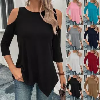 Рубашки с рукавами 3/4 для женщин, однотонная футболка с нерегулярным подолом и открытыми плечами на весну/лето, повседневные базовые топы, пуловер L чёрный