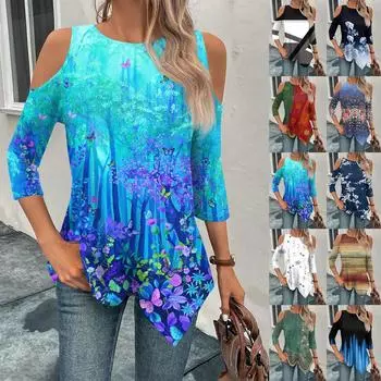 Рубашки с рукавами 3/4 для женщин, футболка с нерегулярным подолом и открытыми плечами с принтом на весну/лето, повседневные базовые топы, пуловер L синий