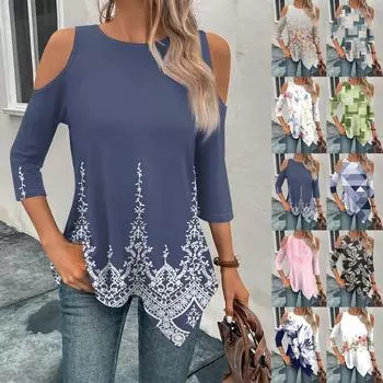 Рубашки с рукавами 3/4 для женщин, футболка с нерегулярным подолом и открытыми плечами с принтом на весну/лето, повседневные базовые топы, пуловер L