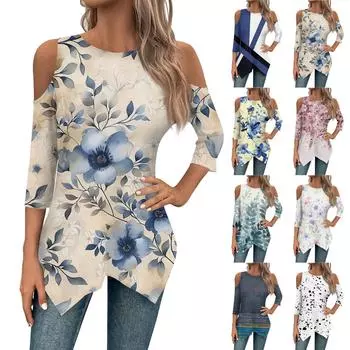 Рубашки с рукавами 3/4 для женщин, футболка с нерегулярным подолом и открытыми плечами с принтом на весну/лето, повседневные базовые топы, пуловер L чёрный