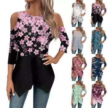 Рубашки с рукавами 3/4 для женщин, футболка с нерегулярным подолом и открытыми плечами с принтом на весну/лето, повседневные базовые топы, пуловер L чёрный
