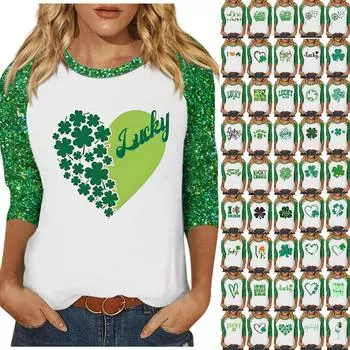Рубашки с рукавами 3/4 для женщин, пасхальные карнавальные принты, футболки, блузки, повседневные, больших размеров, базовые топы, пуловеры XXXL зелёный