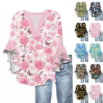Рубашки с рукавами 3/4 для женщин, симпатичные футболки с графическим принтом, блузки, повседневные, больших размеров, базовые топы с оборками на рукавах, пуловеры XL