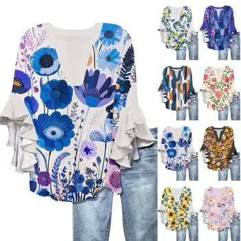 Рубашки с рукавами 3/4 для женщин, симпатичные футболки с графическим принтом, блузки, повседневные, больших размеров, базовые топы с оборками на рукавах, пуловеры XL синий